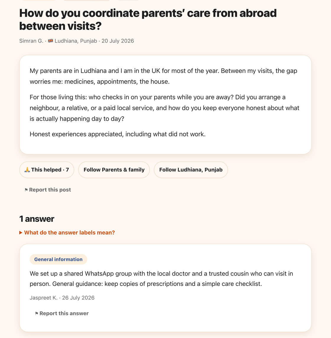 A question on the Pind Board asking how people coordinate their parents’ care from abroad between visits, with one answer underneath from another member describing the shared WhatsApp group and the local doctor they arranged.