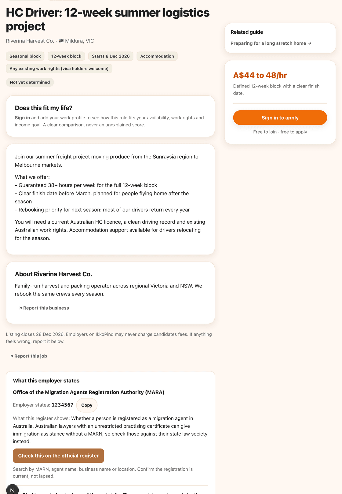 A job listing on IkkoPind. The pay rate and the exact start date are shown beside the listing before you apply, along with the block length and the work rights required. Underneath is a panel headed "What this employer states", showing the registration number the employer gave and a button to check it on the official government register.